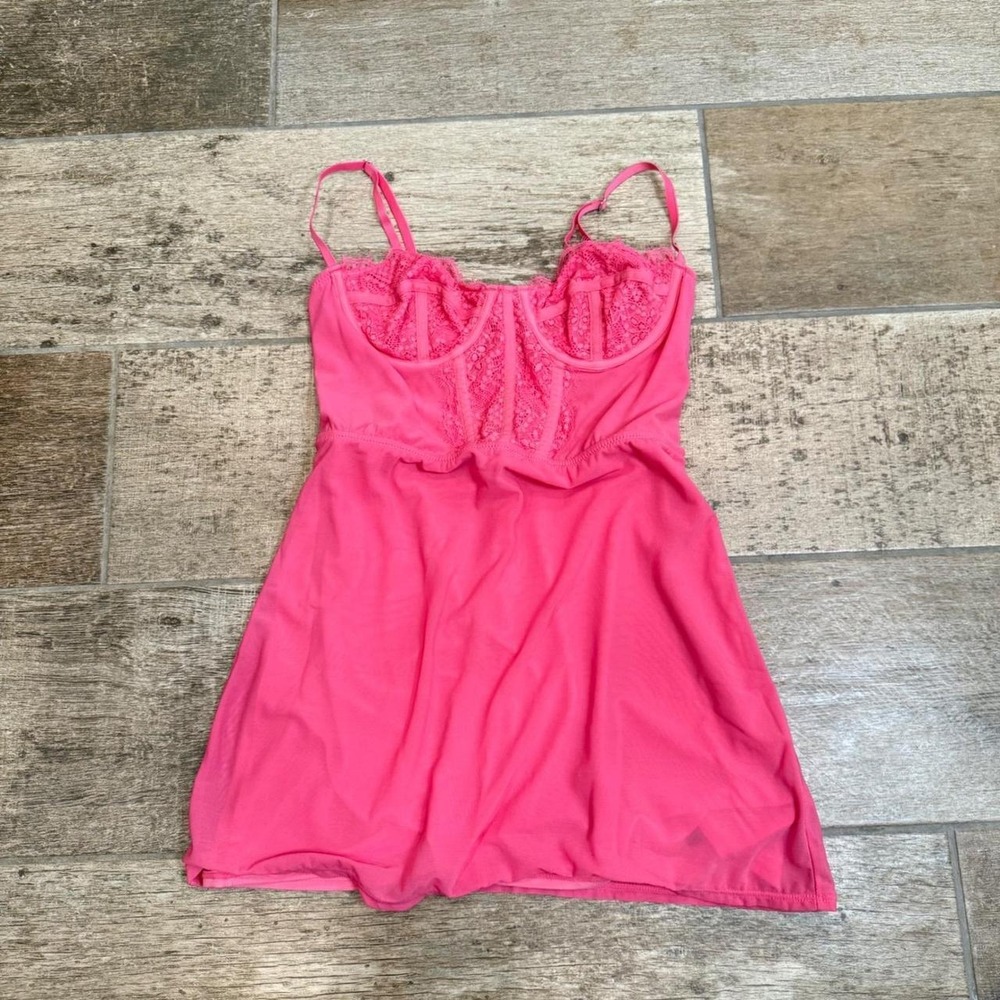 Urban Outfitters Hot Pink Lace Corset Mesh Slip Dress Womens Medium Y2K Mini